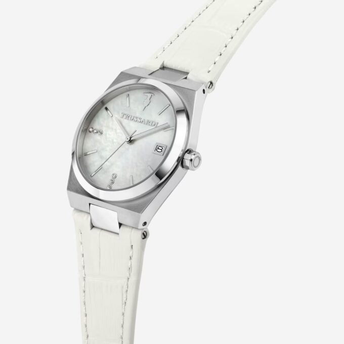 TRUSSARDI Montre Femme Quartz, Cadran Rond Blanc 34 mm, Bracelet Cuir Blanc, Acier, Verre Minéral, Date, Étanche 50m, Style Classique - R2451175501