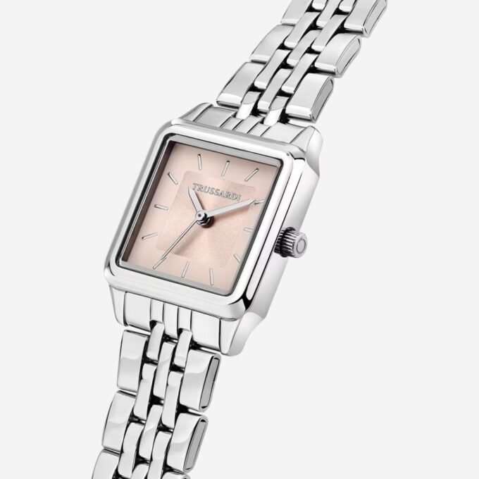 Montre TRUSSARDI Femme Adulte Quartz, Boîtier Acier 28 mm, Cadran Carré Rose, Verre Minéral, Bracelet Acier Gris, Date, Étanche 50m, Style Classique, Quotidien - R2453173503