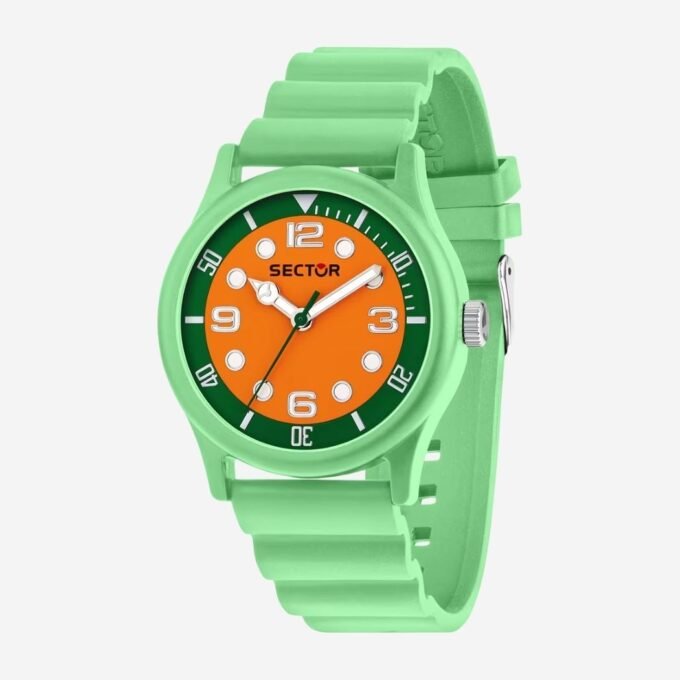 Montre SECTOR Adulte Quartz, Cadran Rond Orange, Bracelet Résine Vert, Verre Minéral, Date, Étanchéité 50m, Diamètre 40mm, Style Classique - Référence R3251318009