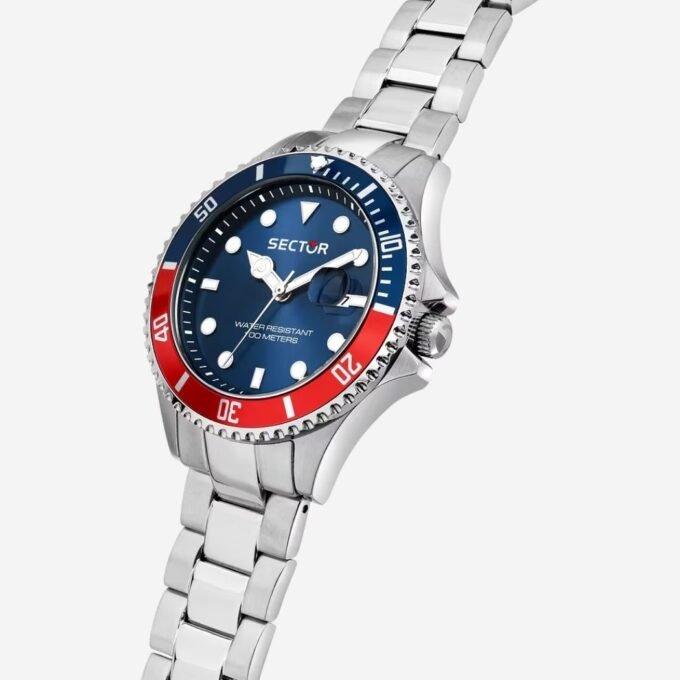 Montre SECTOR Adulte Quartz, Cadran Rond Bleu 43 mm, Bracelet Acier Gris, Verre Minéral, Date, Étanche 100m, Style Classique - R3253161057