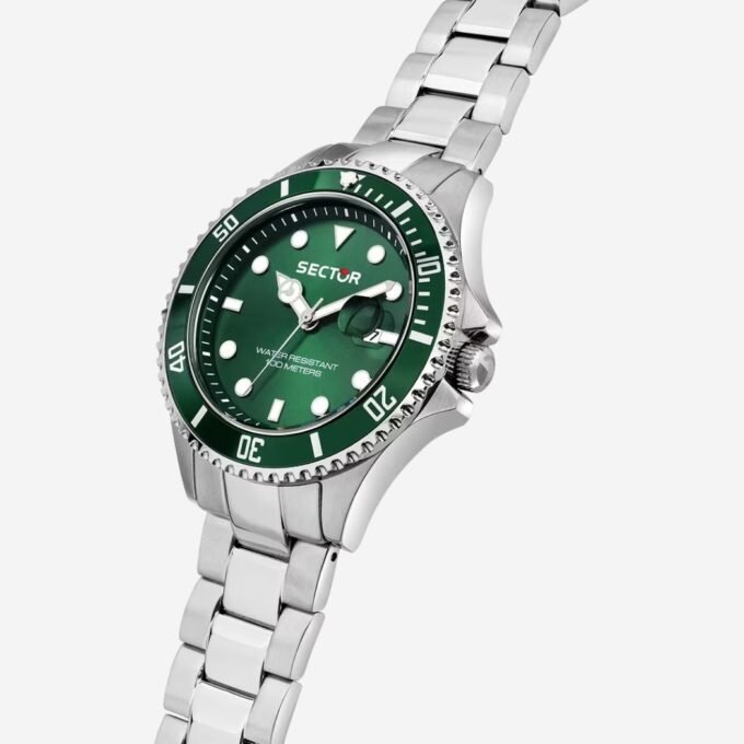 Montre SECTOR Homme Classique Quartz, Cadran Rond Vert 43 mm, Bracelet Acier Gris, Verre Minéral, Date, Étanche 100m, Référence R3253161059