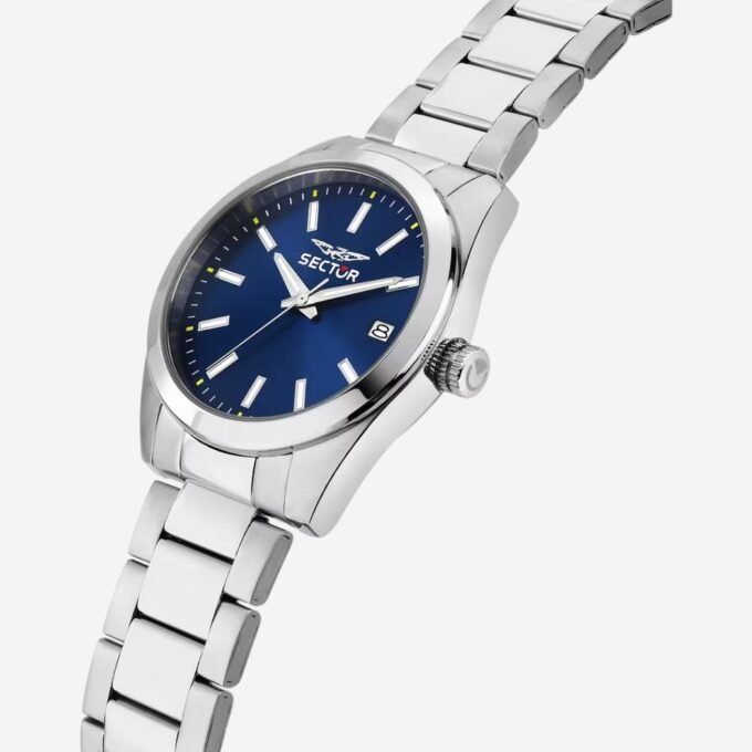 Montre SECTOR Adulte Quartz, Cadran Rond Bleu, Bracelet Acier Gris, Verre Minéral, Date, Étanchéité 50m, Diamètre 41mm, Style Classique, Quotidien - R3253240028