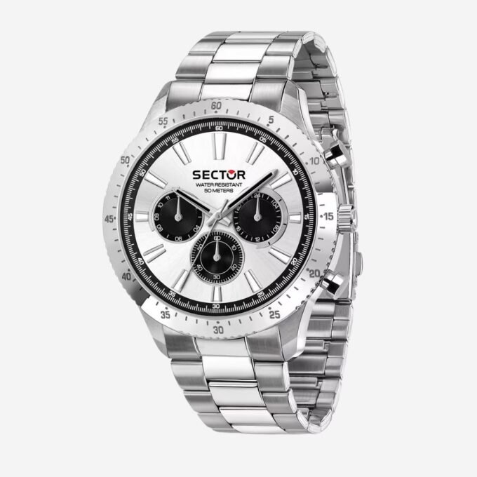 Montre SECTOR Adulte Quartz, Cadran Rond Blanc 45 mm, Verre Minéral, Bracelet Acier Gris, Date, Étanche 50m, Style Classique, Quotidien - Réf R3253578027
