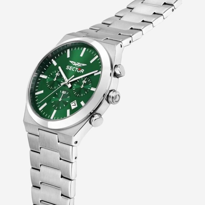 Montre SECTOR Homme Classique Quartz, Cadran Rond Vert 42mm, Date, Acier, Bracelet Acier Gris, Étanche 50m, Verre Minéral, Quotidien - R3273301002