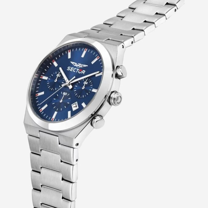 Montre SECTOR Adulte Quartz, Cadran Rond, Date, Style Classique, Boîtier 42 mm, Étanchéité 50m, Verre Minéral, Acier, Cadran Bleu, Bracelet Acier Gris - R3273301003