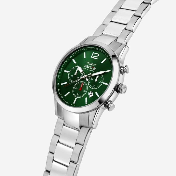 Montre SECTOR Adulte Quartz, Cadran Rond Vert 46 mm, Bracelet Acier Gris, Verre Minéral, Date, Étanchéité 50m, Style Classique - R3273617003
