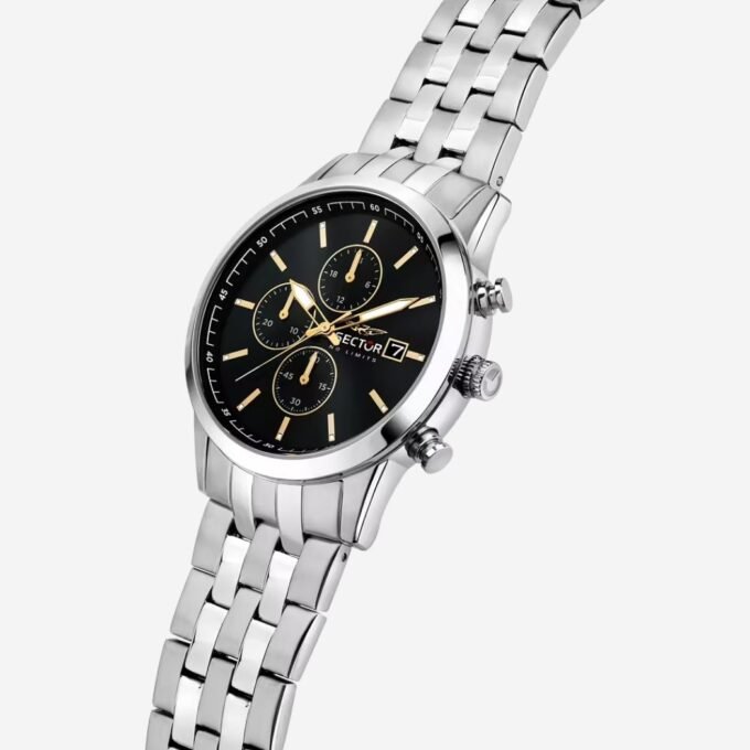 Montre SECTOR Adulte Quartz, Cadran Rond Noir, Boîtier Acier 46 mm, Bracelet Acier Gris, Verre Minéral, Date, Étanche 50m, Style Classique, Usage Quotidien - R3273617004