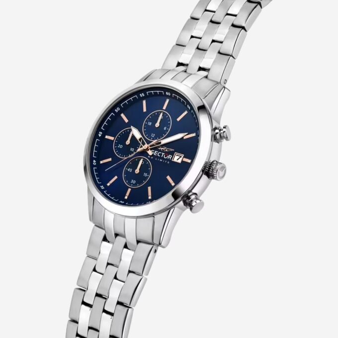 SECTOR Montre Homme Adulte Quartz, Chronographe, Date, Cadran Rond Bleu 46 mm, Verre Minéral, Acier Gris, Étanche 50m, Mariage Quotidien, Classique - R3273617005
