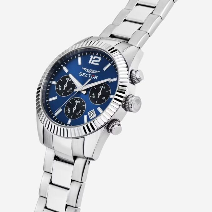 Montre SECTOR Adulte Quartz, Cadran Rond Bleu, Boîtier Acier 46 mm, Bracelet Acier Gris, Verre Minéral, Fonction Date, Étanchéité 50m, Style Classique, Usage Quotidien - R3273640030