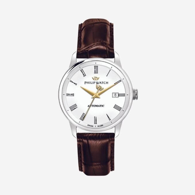 Montre PHILIP WATCH Adulte Quartz, Cadran Rond Blanc 41 mm, Verre Minéral, Fonction Date, Bracelet Cuir Marron, Boîtier Acier, Style Classique, Quotidien - R8221150005