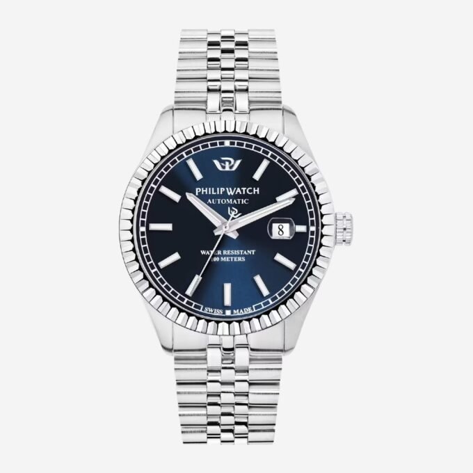 Montre PHILIP WATCH Adulte Quartz Acier, Rond, Minéral, Date, Classique, Quotidien, 41 mm, 100m, Cadran Bleu, Bracelet Gris - R8223597022