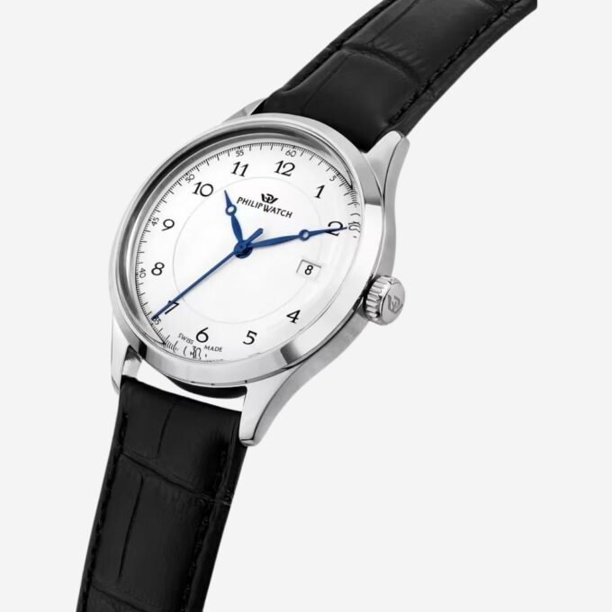 Montre PHILIP WATCH Homme Quartz, Cadran Rond Blanc 34 mm, Bracelet Acier Noir, Verre Minéral, Date, Étanchéité 30m, Style Classique - R8251225001