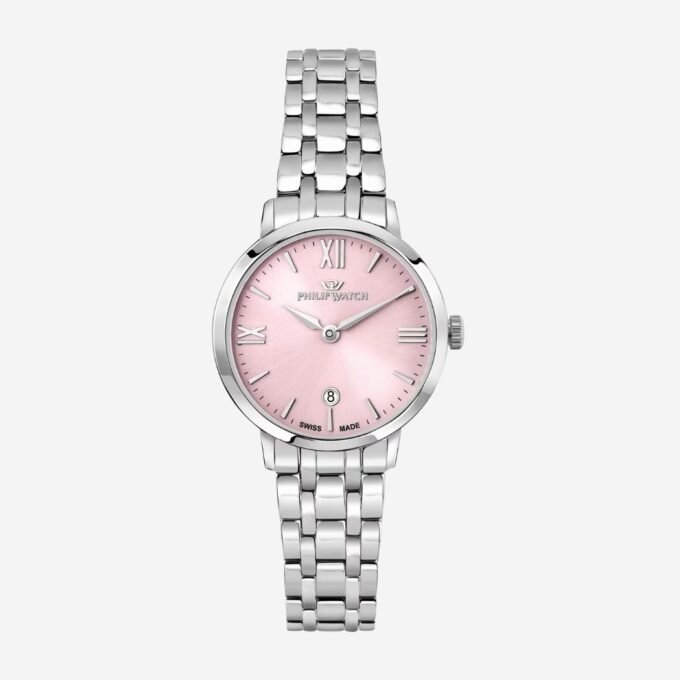 Montre PHILIP WATCH Femme Quartz Rond Date Classique Quotidien 30 mm 50m Verre Minéral Acier Bracelet Acier Cadran Rose Bracelet Gris - R8253151501