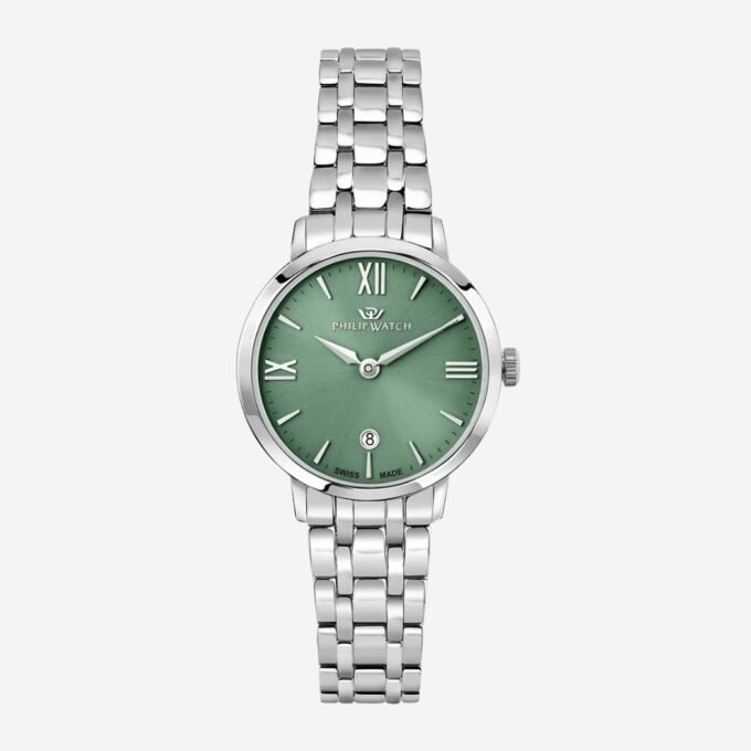 Montre PHILIP WATCH Adulte Classique Quartz Rond Date, Acier, Verre Minéral, 30 mm, Étanche 50m, Cadran Vert, Bracelet Acier Gris - R8253151503