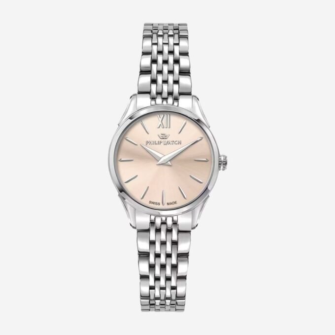 Montre PHILIP WATCH Adulte, Quartz, Acier, Rond, Minéral, Date, Classique, Quotidien, 28 mm, 100m, Cadran Rose, Bracelet Gris - R8253217511
