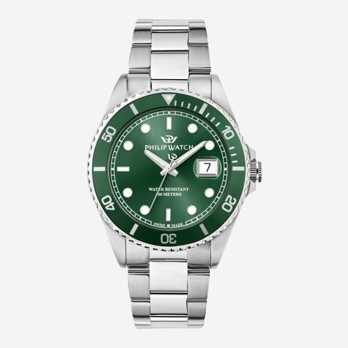 Montre PHILIP WATCH Adulte, Quartz, Date, Classique, Acier, Rond, Minéral, 39 mm, Cadran Vert, Bracelet Gris - R8253597128