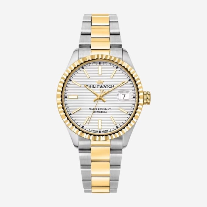 Montre PHILIP WATCH Adulte, Quartz, Date, Rond, Classique, Acier, Verre Minéral, 39 mm, Cadran Doré Gris, Bracelet Gris Acier - R8253597129