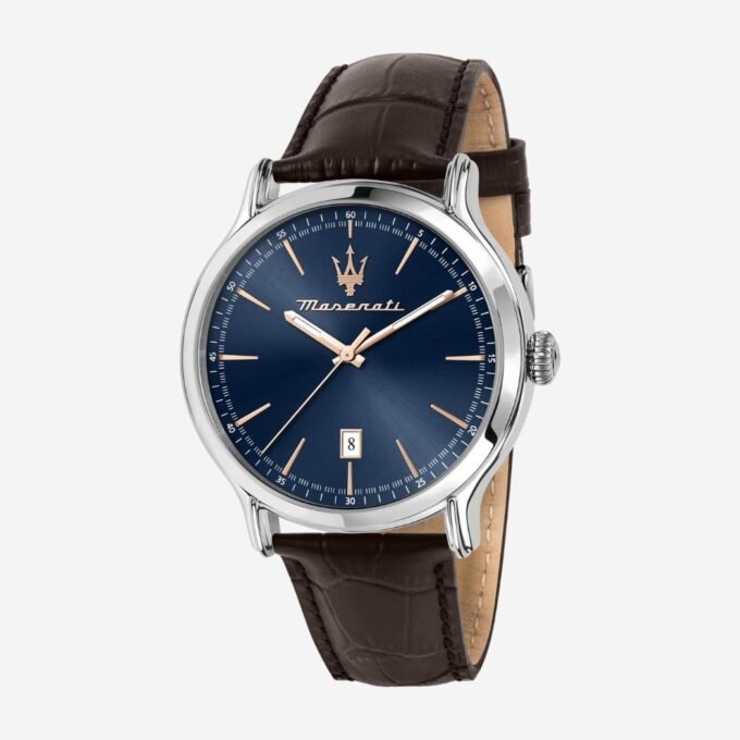 Montre MASERATI Homme Quartz, Cadran Bleu Rond 42 mm, Date, Verre Minéral, Acier, Bracelet Cuir Marron, Étanche 100m, Style Classique - R8851118016