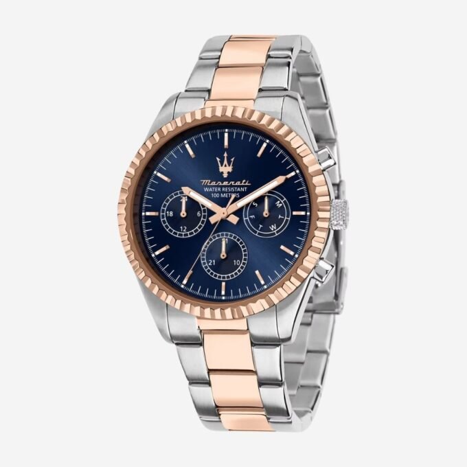 Montre MASERATI Adulte Quartz, Cadran Rond Bleu 43 mm, Bracelet Acier Gris, Verre Minéral, Fonction Date, Étanchéité 100m, Style Classique, Usage Quotidien - R8853100040