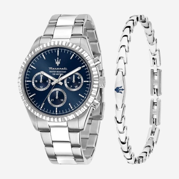 Montre MASERATI Homme Quartz Acier, Rond, Minéral, Date, Classique, Quotidien, 43 mm, 100m, Cadran Bleu, Bracelet Gris - R8853100047