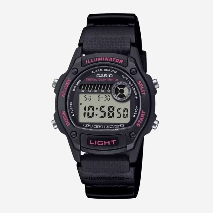 Montre CASIO Homme Quartz Vintage, Boîtier 37 mm Résine Noir, Bracelet Nylon Noir, Cadran Noir, Alarme, Chronographe, Date, Étanche 30m, Verre Résine, Quotidien - W-220H-1A2VDF