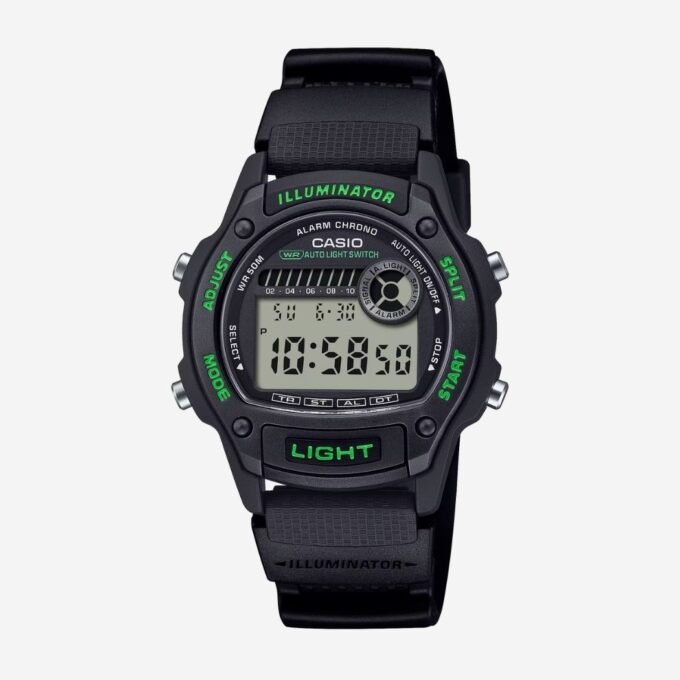 Montre CASIO Homme Quartz Vintage, Boîtier 37 mm Résine Noir, Bracelet Nylon Noir, Cadran Noir, Alarme, Chronographe, Date, Étanche 30m, Verre Résine, W-220H-1A3VDF
