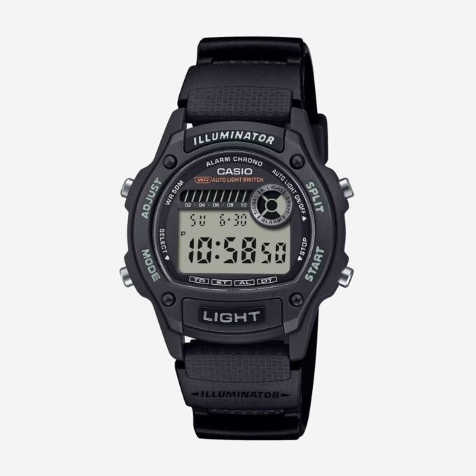 Montre CASIO Homme Quartz Vintage, Boîtier 37 mm Résine Noir, Bracelet Nylon Noir, Cadran Noir, Alarme, Chronographe, Date, Étanche 30m, Verre Résine, Quotidien - W-220H-1AVDF