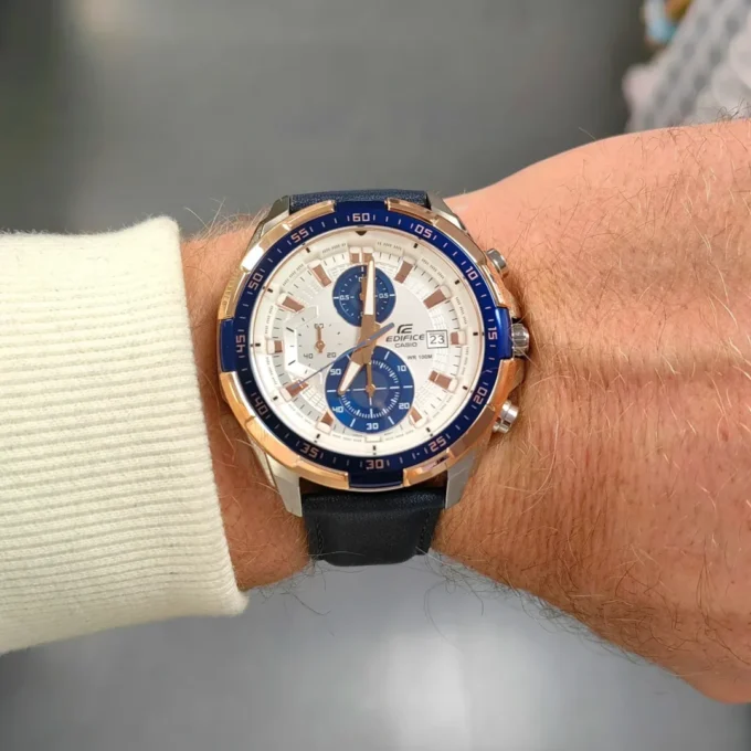 Bracelet-Montre Homme Casio Edifice - EFR-539L-7CVUDF - Bracelet Bleu En Cuir Véritable - Résistance à l'eau 10 ATM