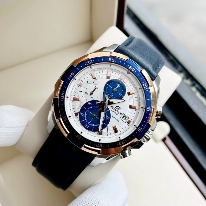 Bracelet-Montre Homme Casio Edifice - EFR-539L-7CVUDF - Bracelet Bleu En Cuir Véritable - Résistance à l'eau 10 ATM