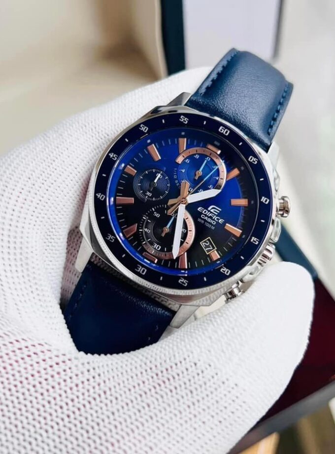 Montre CASIO Homme - Bracelet Bleu En Cuir Véritable - Résistante à l'eau - 12 Mois De Garantie - EFV-600L-2AVUDF