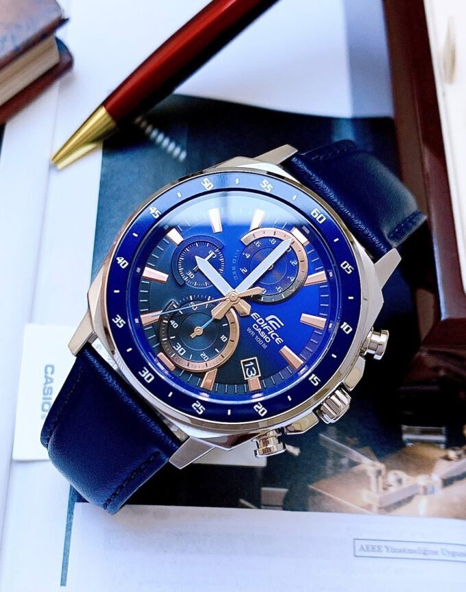 Montre CASIO Homme - Bracelet Bleu En Cuir Véritable - Résistante à l'eau - 12 Mois De Garantie - EFV-600L-2AVUDF