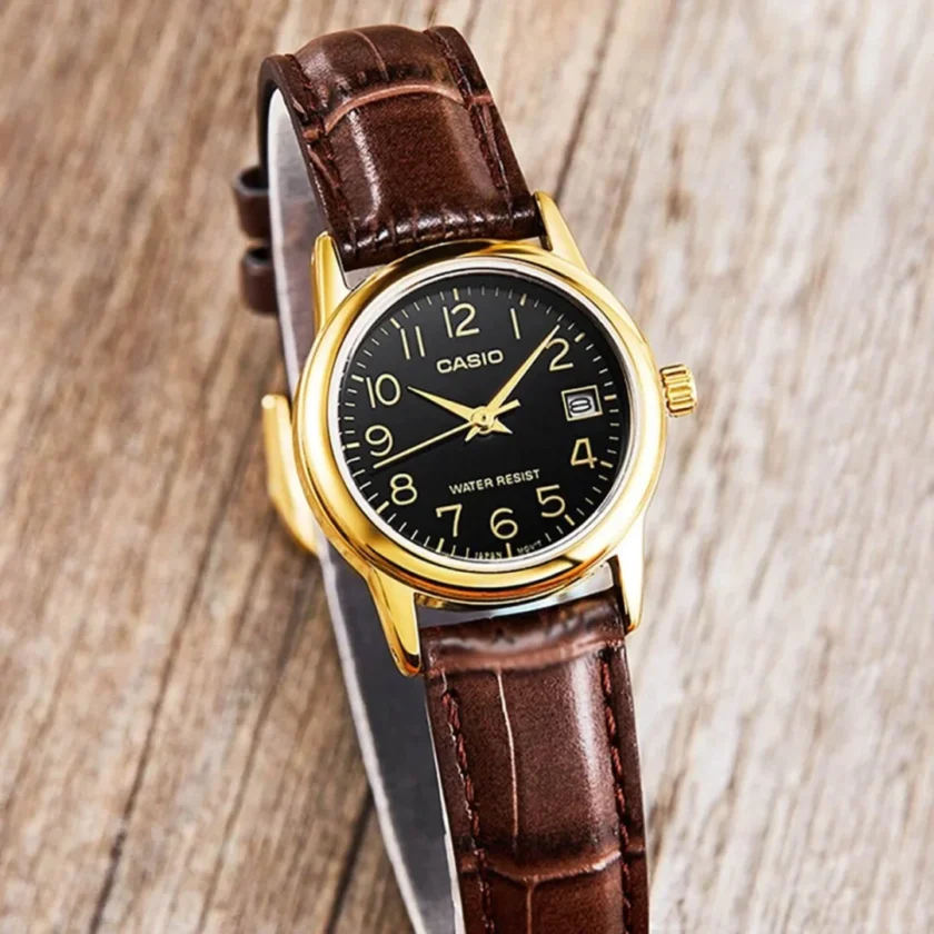 aiwatch_LTP-V002GL-1BUDF - Montre CASIO Femme - LTP-V002GL-1BUDF - Bracelet Marron En Cuir Véritable - Résistante à l'eau - 12 Mois De Garantie