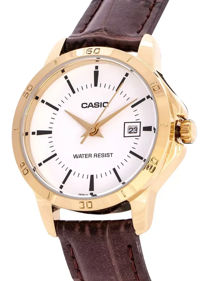 Montre CASIO Femme - LTP-V004GL-7AUDF - Bracelet Marron En Cuir Véritable - Cadran Blanc - 12 Mois De Garantie