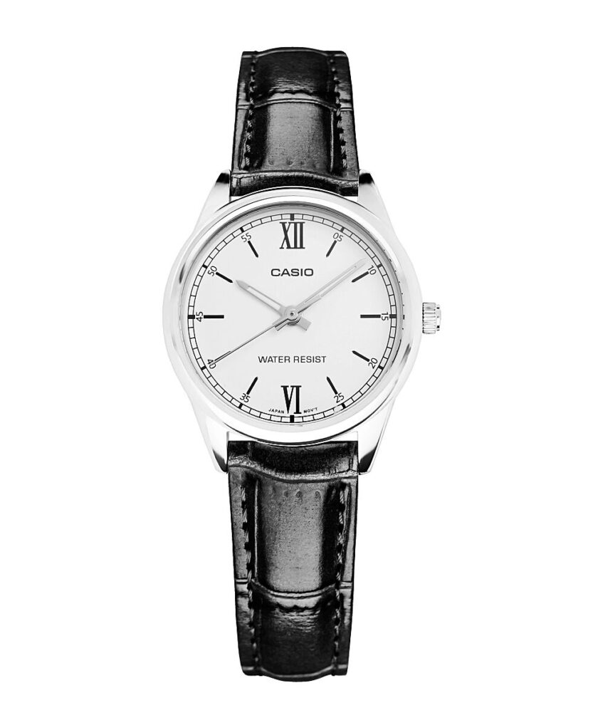 aiwatch_LTP-V005L-7B2UDF - Montre Casio Femme - LTP-V005L-7B2UDF - Bracelet Noir En Cuir Véritable - Cadran Blanc - 12 Mois De Garantie