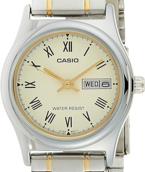 Montre CASIO Femme - Bracelet Gris/DoRée En Acier Inoxydable - Cadran Jaune - 12 Mois De Garantie - LTP-V006SG-9BUDF