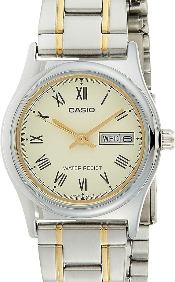 Montre CASIO Femme - Bracelet Gris/DoRée En Acier Inoxydable - Cadran Jaune - 12 Mois De Garantie - LTP-V006SG-9BUDF