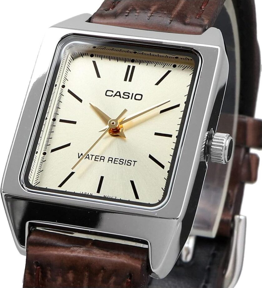 aiwatch_LTP-V007L-9EUDF - Montre CASIO Femme - Bracelet Marron En Cuir Véritable - Cadran Jaune - 12 Mois De Garantie - LTP-V007L-9EUDF