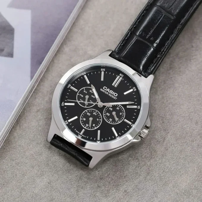 Montre CASIO Femme - LTP-V300L-1AUDF - Bracelet Noir En Cuir Véritable - Résistante à l'eau - 12 Mois De Garantie