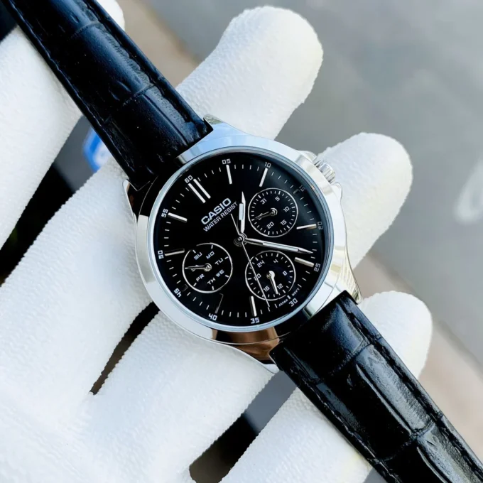 Montre CASIO Femme - LTP-V300L-1AUDF - Bracelet Noir En Cuir Véritable - Résistante à l'eau - 12 Mois De Garantie