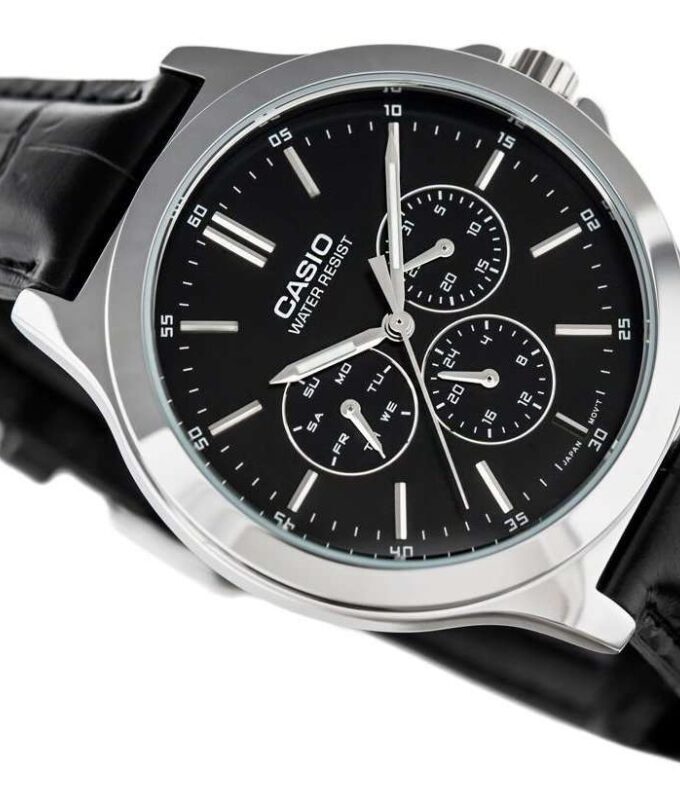 Montre CASIO Femme - LTP-V300L-1AUDF - Bracelet Noir En Cuir Véritable - Résistante à l'eau - 12 Mois De Garantie