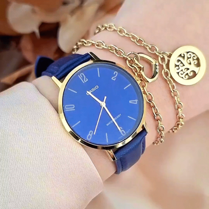 Montre Casio Femme - LTP-VT01GL-2BUDF - Bracelet Bleu En Cuir Véritable - Résistante À L'Eau - 12 Mois De Garantie