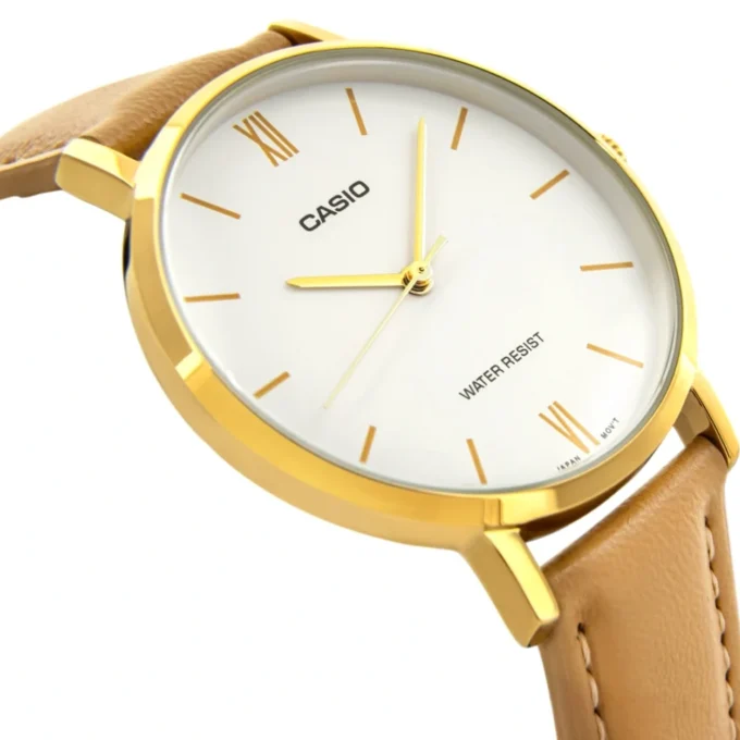 Montre CASIO Femme - Bracelet kaki En Cuir Véritable - LTP-VT01GL-7BUDF - Cadran Blanc - 12 Mois De Garantie