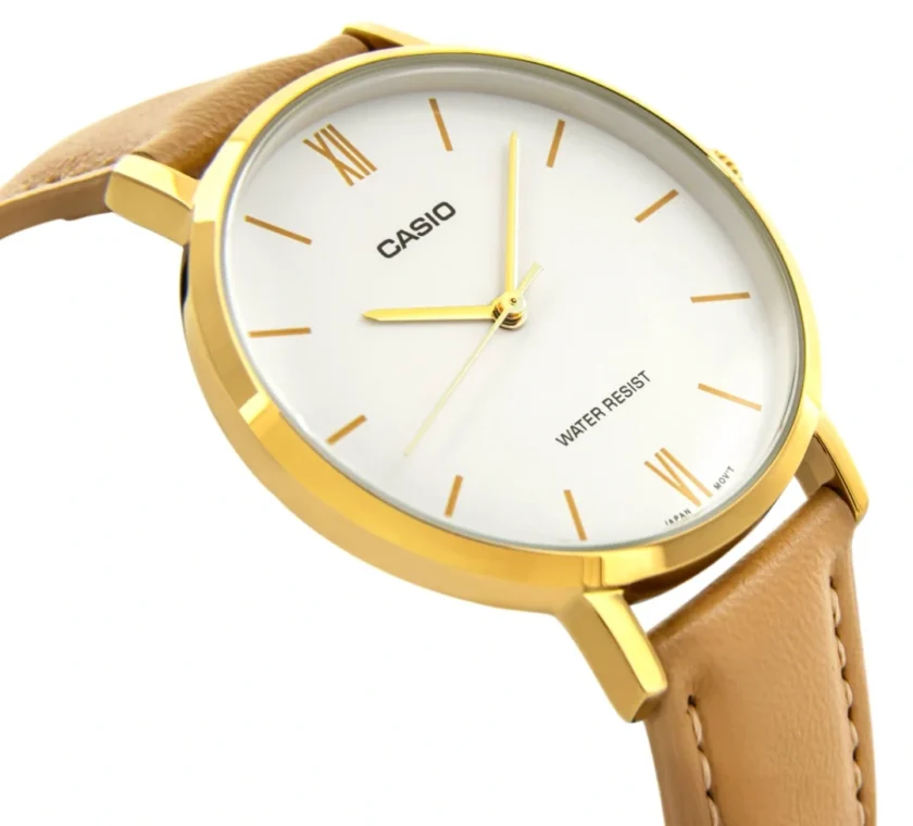 aiwatch_LTP-VT01GL-7BUDF - Montre CASIO Femme - Bracelet kaki En Cuir Véritable -  LTP-VT01GL-7BUDF - Cadran Blanc - 12 Mois De Garantie