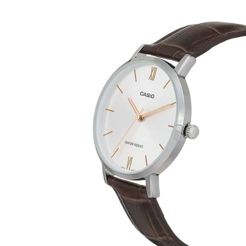 aiwatch_LTP-VT01L-7B2UDF - Montre CASIO Femme - LTP-VT01L-7B2UDF - Bracelet Marron En Cuir Véritable - Cadran Blanc - 12 Mois De Garantie