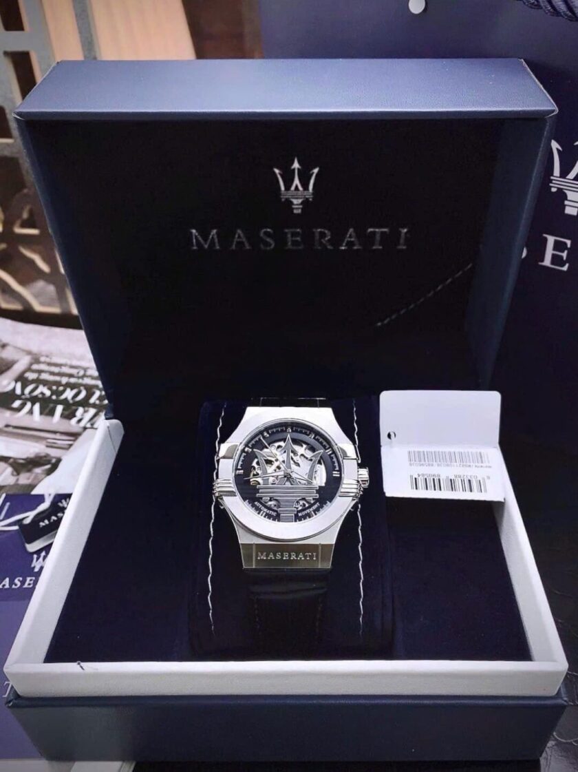 aiwatch_R8821108038 - Montre Homme Maserati Potenza – R8821108038 – Automatique – Cadran 42 mm Argenté – Bracelet Cuir Noir – Verre Saphir – Boucle Ardillon – Étanchéité 100 Mètres – Garantie 2 Ans – Design Élégant avec Trident Central et Rouages Apparents - Verre Saphir