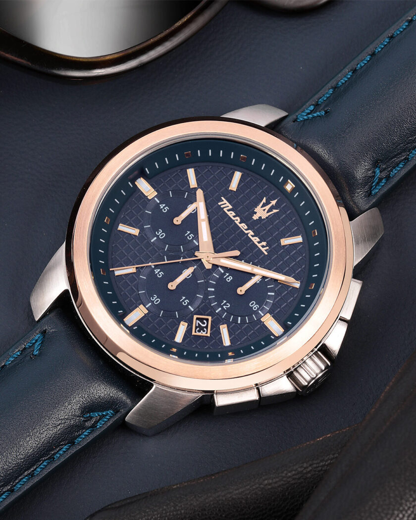 aiwatch_R8871621015 - Montre Maserati Homme - Bracelet En Cuir Véritable Bleu - Cadran Bleu - Etanche - Garantie 12 mois - R8871621015