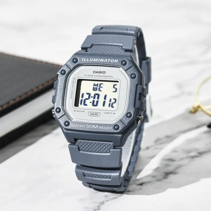 aiwatch_W-218HC-2AVDF - Montre Unisexe Casio Vintage Numérique W-218HC-2AV - Bracelet Bleu En Résine - Résistance à l'eau 5 ATM