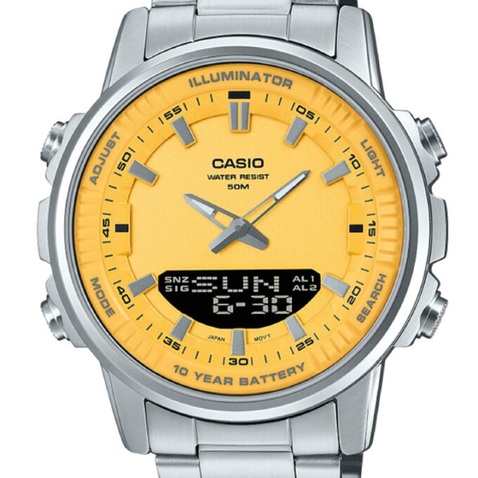 Montre Casio AMW-880D-9AVDF - Homme - Chronomètre 1/100s, Heure mondiale 29 fuseaux, Alarme, Étanche 50m - Acier inoxydable - Argenté - Réf AMW-880D