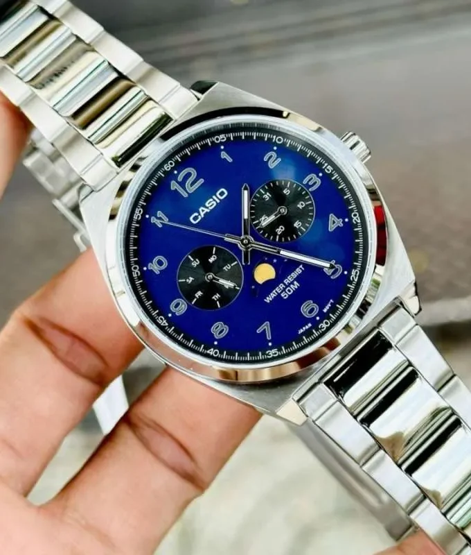 montre analogique phases de lune casio homme affichage date, jour, phases de lune acier inoxydable bleu référence mtp m300d 2avdf