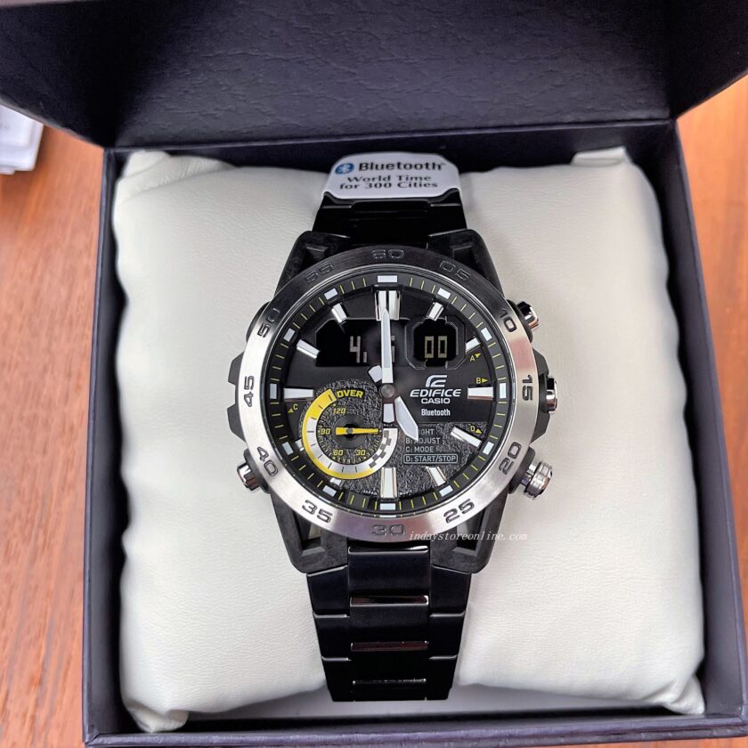 montre casio edifice homme chronographe, bluetooth, acier inoxydable, fibre de carbone, world time noir ecb 40dc 1adf